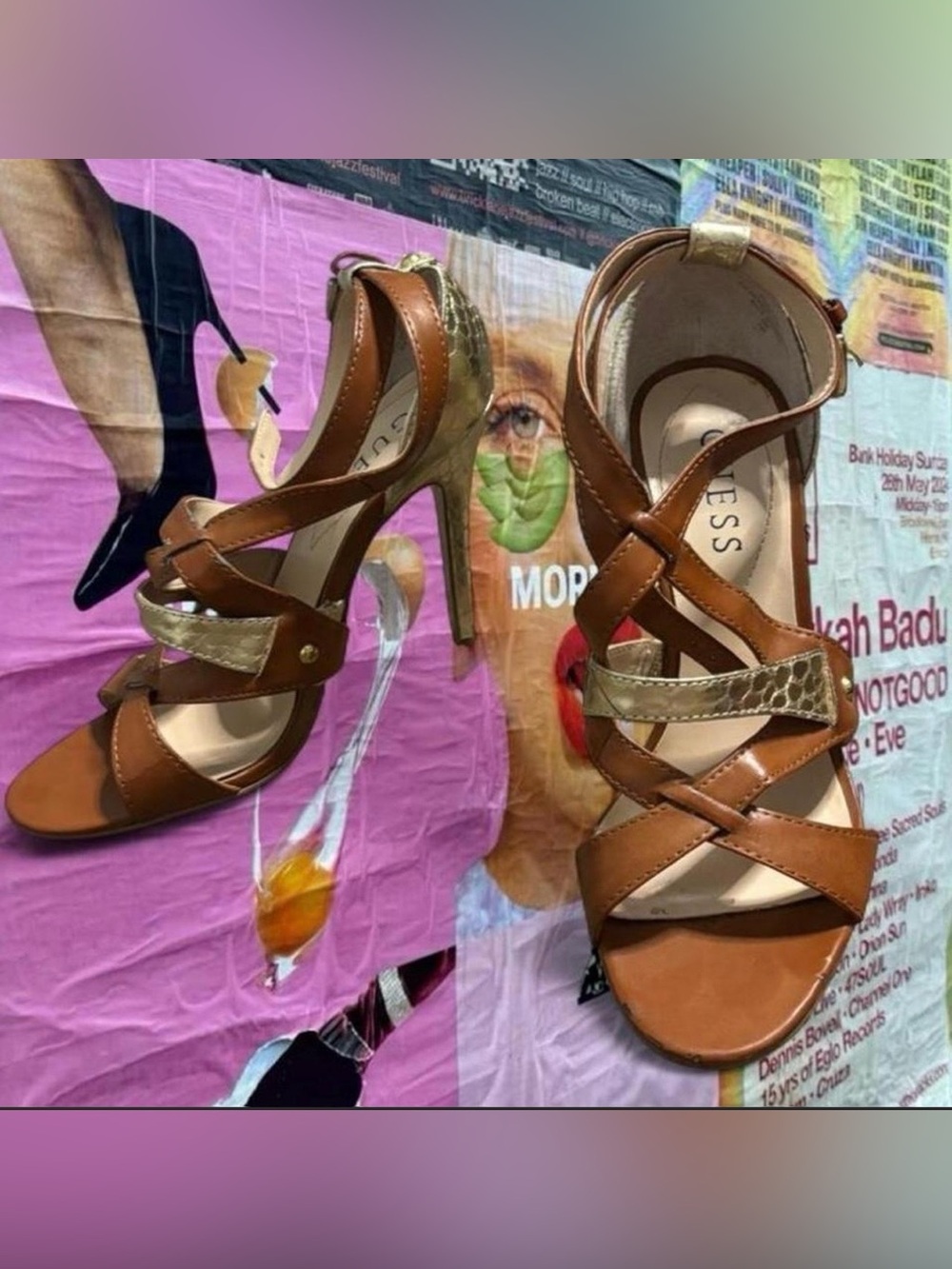 Guess Brown and Gold Strappy High Heel Sandals!